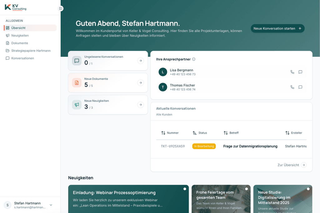 Portuo Dashboard aus Kundensicht mit offenen Anfragen, Dokumenten und Neuigkeiten